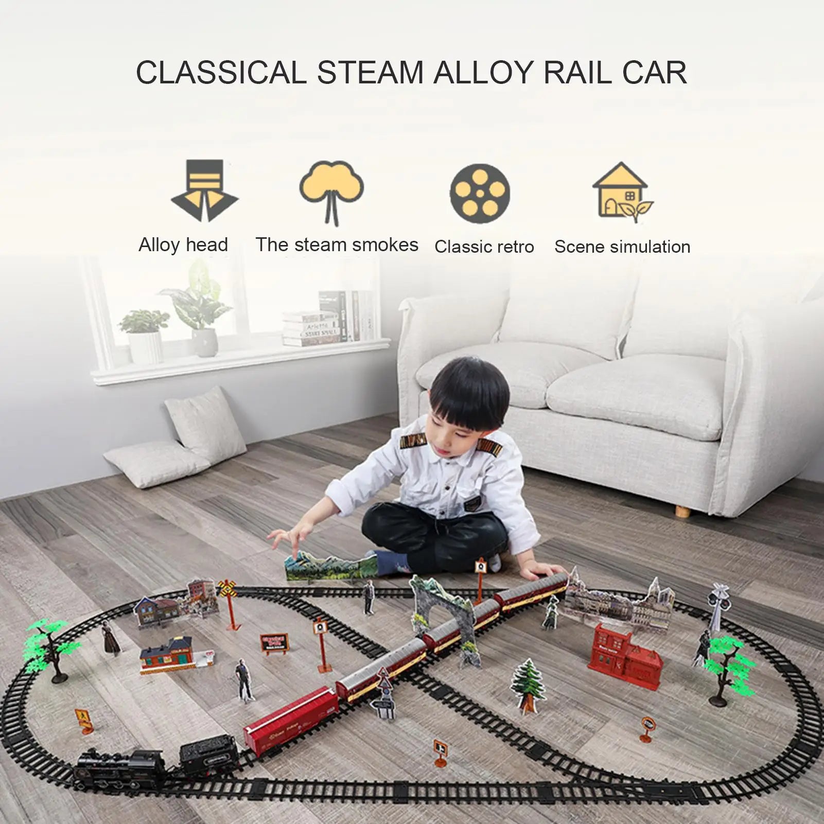 Battery Operated Water Steam Locomotive - Classic Railway Freight Train Track Playset, Kids Simulation Toy Gift