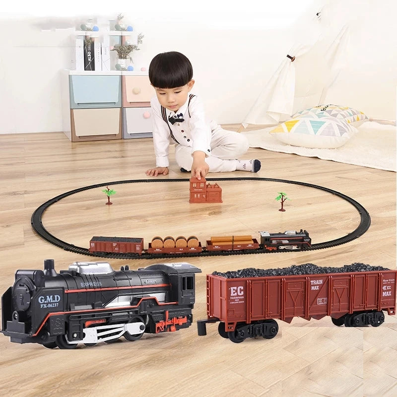 Battery Operated Water Steam Locomotive - Classic Railway Freight Train Track Playset, Kids Simulation Toy Gift